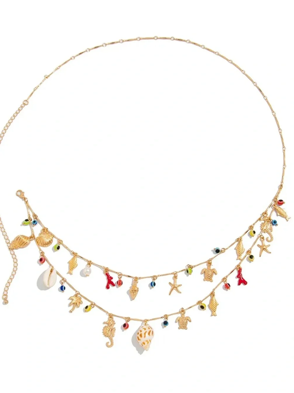 Boho Beachy Conch Seahorse Starfish Turtle Evil Eye Double Layered Waist Chain